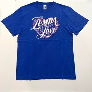 Zumba Fitness Blue Tee with Pink and White Design